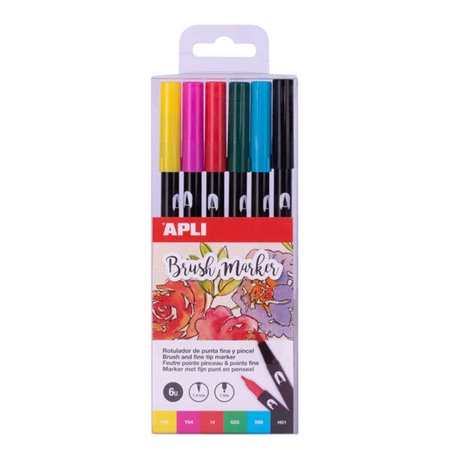 Marcadores aquarela de ponta dupla Apli - pincel de 1-4 mm e ponta redonda de 1 mm - tinta à base de água inodora e não tóxica -