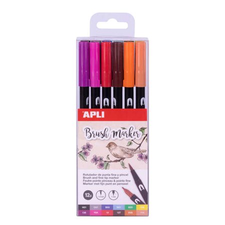 Marcadores de aquarela de ponta dupla Apli - pincel de 1-4 mm e redondo de 1 mm - tinta não tóxica à base de água - 12 cores sor