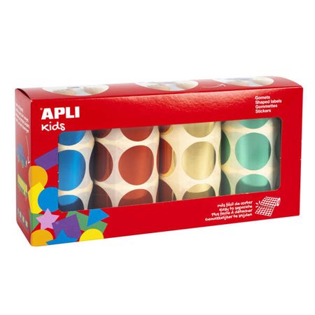 Apli Gomets Redondos Metálicos Ø 33mm - Pacote de 4 Rolos (Amarelo, Azul, Vermelho e Verde) - 2256 Gomets no Total - Folhas Pré-