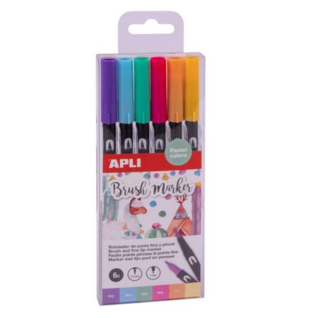 Marcadores Aquarela Ponta Dupla Apli - 1-4mm e 1mm - Tons Pastel - Tinta à Base de Água - Misturável - Pacote 6 Cores