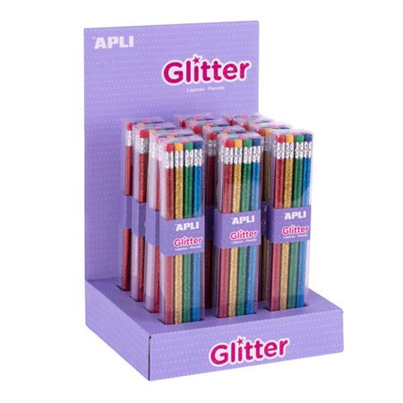 Lápis de Grafite Apli Glitter Collection com Borracha - 2mm HB - 12 Pacotes de 8 Lápis - 8 Cores Glitter - Display 160x270x190mm