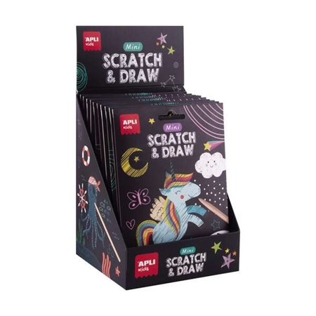 Apli Mini Scratch & Draw Display de 12 blocos de folhas de rascunho de bolso - Desenhos de Dinossauros, Mundo Mágico e Piratas d