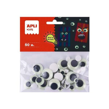 Apli Kids Bolsa com 50 Olhos Móveis Redondos Adesivos - Brilham no Escuro - Tamanhos 8mm, 10mm, 15mm, 20mm