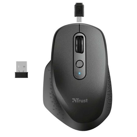 Mouse sem fio recarregável Trust Ozaa 2400dpi - 6 botões + rolagem vertical e horizontal - Ergonômico - Uso destro - Cor preta