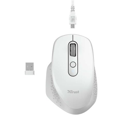 Mouse sem fio recarregável Trust Ozaa 2400dpi - 5 botões - Rolagem vertical e horizontal - Ergonômico - Uso destro - Cor branca