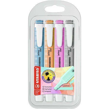 Stabilo Swing Cool Pastel Pacote de 4 Marcadores Fluorescentes - Corpo Plano - Ponta Cinzel - Linha entre 1 e 4mm - Tinta à Base