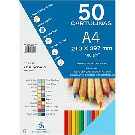 Pacote Dohe de 50 Cartolinas A4 180 g/m² - Adequado para Impressão - PH Neutro - Livre de Cloro Elemental - Cor Azul Oceano