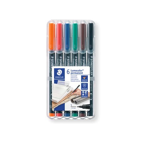 Staedtler Lumocolor 317 Pacote de 6 marcadores permanentes - Ponta média redonda - Curso de aproximadamente 1 mm - Tampa com cli