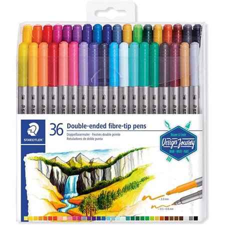 Staedtler 3200 Pacote de 36 marcadores de ponta dupla - Resistente à pressão - Cores sortidas