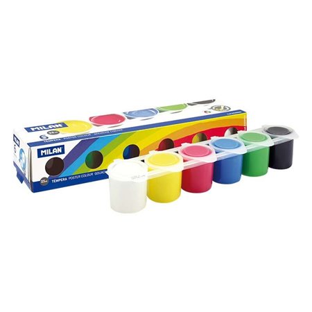 Pacote Milan de 6 Frascos de Tempera 25ml + 1 Pincel Série 101 - Secagem Rápida - Misturável - Cores Sortidas