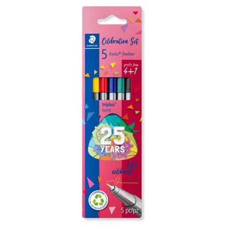 Staedtler Triplus Fineliner 334 Pacote de 5 marcadores de ponta fina - Curso 0,3 mm aproximadamente - Tinta à base de água - Cor