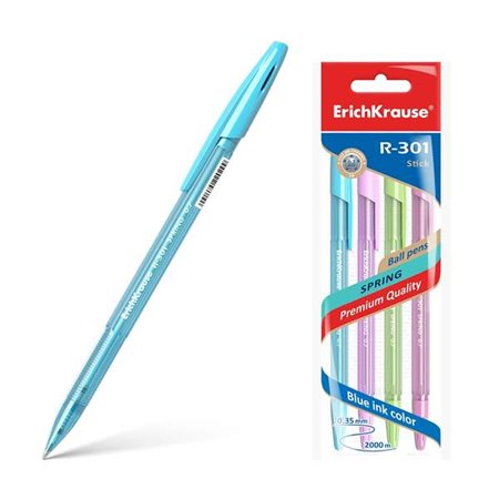 Erichkrause Pacote de 4 canetas R-301 Spring Stick 0,7 - Corpo hexagonal translúcido - Tinta de secagem rápida - Cor azul