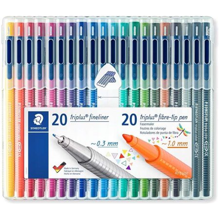 Staedtler Triplus Pacote de 20 Marcadores de Ponta Fina 0,3mm + 20 Marcadores de Ponta de Fibra 1mm - Tampa com Clipe - Cores So