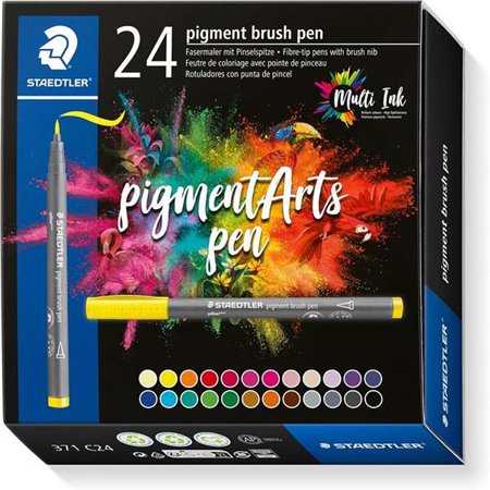 Staedtler 371 Pacote de 24 marcadores de ponta de pincel macio - Cores vivas e brilhantes - Não amarela com o tempo - Nova tinta