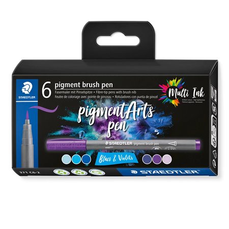 Staedtler 371 Pacote de 6 marcadores de ponta de pincel macio - Cores vivas e brilhantes - Não amarela com o tempo - Nova tinta 