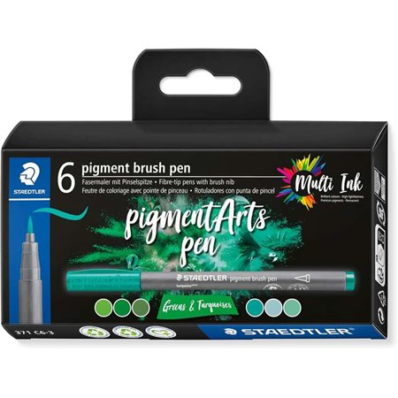 Staedtler 371 Pacote de 6 marcadores de ponta de pincel macio - Cores vivas e brilhantes - Não amarela com o tempo - Nova tinta 