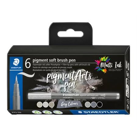 Staedtler 372 Pacote de 6 marcadores de ponta de pincel macio - Cores vivas e brilhantes - Não amarela com o tempo - Nova tinta 