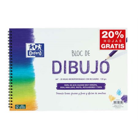 Bloco de desenho escolar espiral Oxford formato A4 + com inserção - 20 folhas microperfuradas 130gr cor natural - papel de super