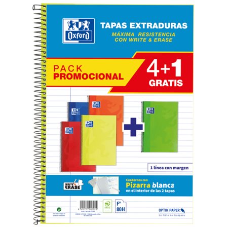 Oxford School Classic Write&Erase Pack 4+1 Fº - Caderno Espiral - Capa Extra Dura - 1 Linha com Margem - 80 Folhas - Cores Sorti