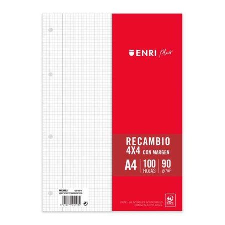 Enri Plus Recarga Formato A4 - Quadrado 4x4mm 4 Furos - 100 Folhas 90gr com Margem