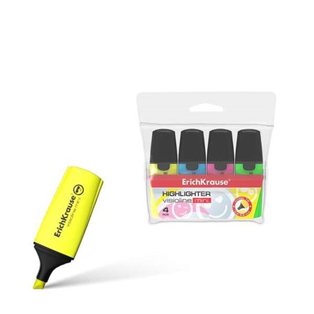 Erichkrause Visioline Mini Pacote de 4 Marcadores - Formato Mini com Emoticons Divertidos - Cores: Amarelo, Verde, Azul, Rosa - 