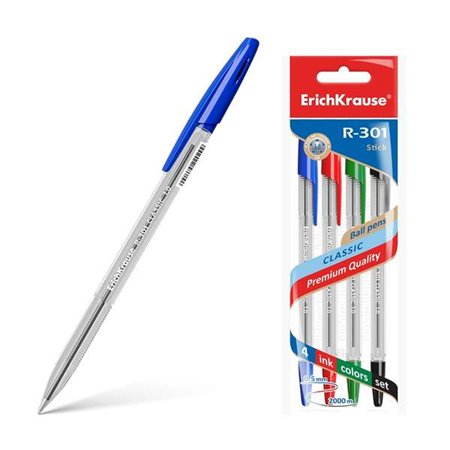 Erichkrause Pacote de 4 canetas R-301 Classic Stick 1.0 - Corpo transparente hexagonal - Ponta de 1,0 mm - Tinta de secagem rápi