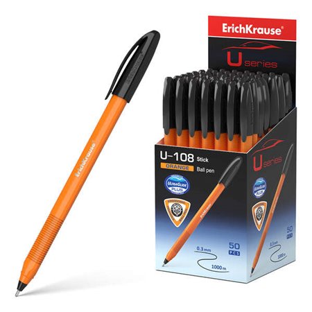 Caneta Stick Laranja Erichkrause U-108 - Tecnologia Ultra Glide - Tinta Preta