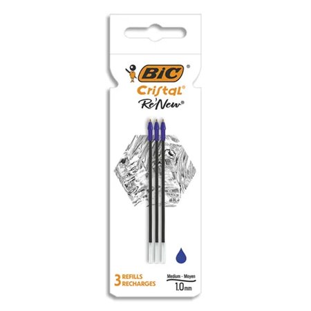 Bic Pacote de 3 Recargas para Caneta Esferográfica Cristal Re´new - Ponta Média 1,0mm - Tinta à Base de Óleo - Cor Azul