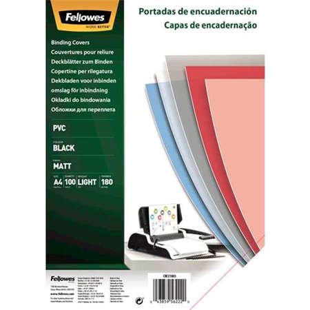 Pacote Fellowes de 100 capas de encadernação de PVC A4 - 180 mícrons - Acabamento de qualidade - Cor preta