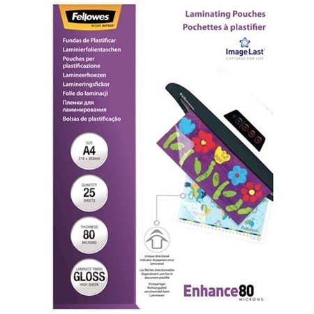 Pacote Fellowes de 25 mangas de laminação brilhantes A4 - 80 mícrons - alta qualidade - transparente