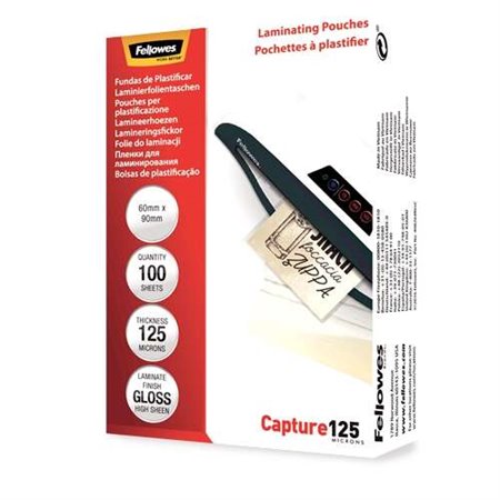 Pacote Fellowes de 100 capas de laminação brilhantes para cartões 60 x 90 mm - 125 mícrons - alta qualidade - transparente