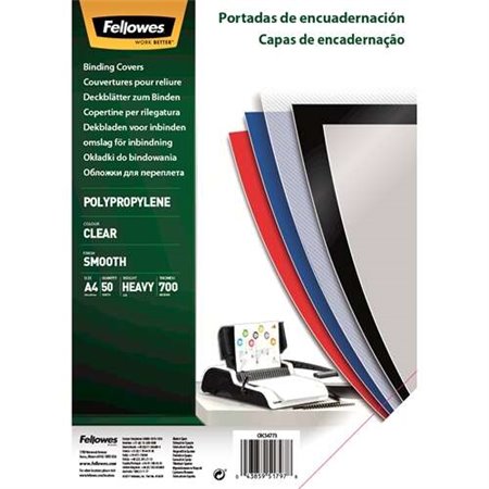 Pacote Fellowes de 50 capas de polipropileno A4 - 700 mícrons - Acabamento de qualidade - Transparente