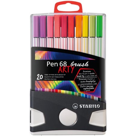 Stabilo Pen 68 Brush Arty Caixa de plástico rígido com 30 marcadores - Ponta de pincel - Tinta à base de água - Cores sortidas