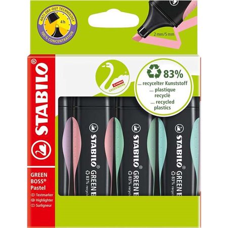 Stabilo Green Boss Pastel Pacote de 4 Marcadores Fluorescentes - Feito com 83% Plástico Reciclado - Linha entre 2 e 5mm - Recarr