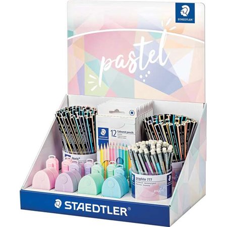 Expositor Staedtler com 182 peças variadas - modelos de lápis Noris 118, lápis Noris 119, lápis mecânico grafite 777, estojos 14