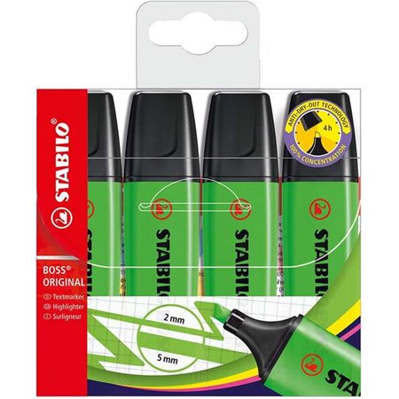 Stabilo Boss 70 Pacote de 4 Marcadores Fluorescentes - Linha entre 2 e 5mm - Recarregáveis - Tinta à Base de Água - Cor Verde