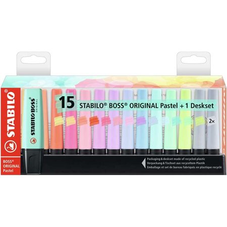 Stabilo Boss 70 Pastel Pacote de 15 Marcadores Fluorescentes - Linha entre 2 e 5mm - Recarregável - Tinta à base de água - Cores