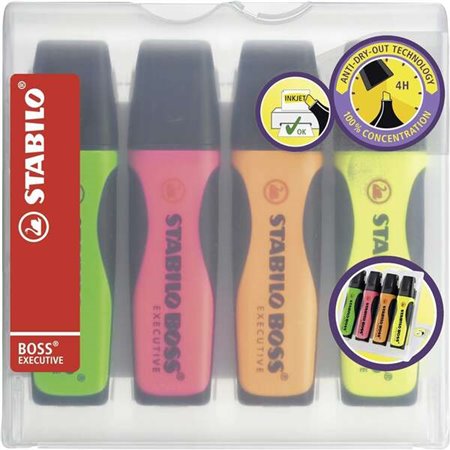 Stabilo Boss Executive Pack de 4 marcadores fluorescentes - Grip Zone - Linha entre 2 e 5mm - Recarregável - Tinta à base de águ