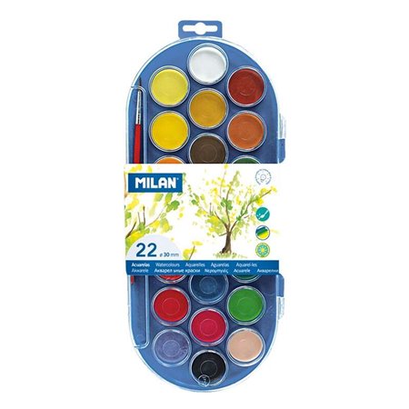 Milan 80022 Estojo de 22 Aquarelas Ø30 mm + Pincel Série 101 - Misturável - Cores Sortidas