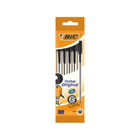 Bic Cristal Pacote original de 5 canetas esferográficas - Ponta redonda de 1,0 mm - Curso de 0,4 mm - Tinta à base de óleo - Cor