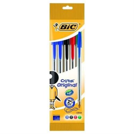 Bic Cristal Pacote Original de 5 Canetas Esferográficas - Ponta Redonda de 1,0mm - Curso de 0,4mm - Tinta à Base de Óleo - Cores