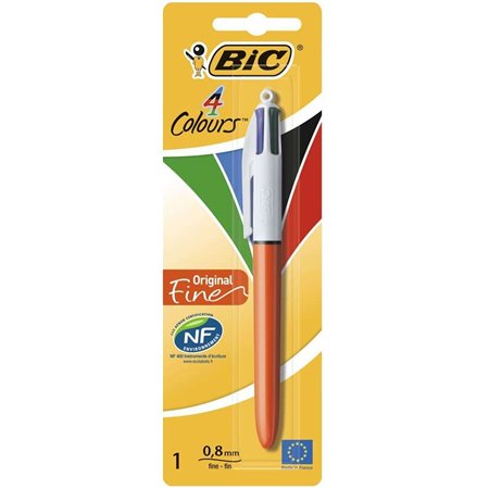 Caneta esferográfica retrátil fina original Bic 4 cores - ponta fina de 0,8 mm - tinta à base de óleo - corpo vermelho/branco - 