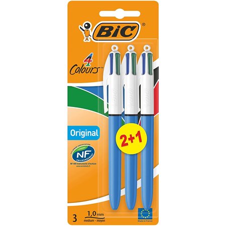 Bic 4 Cores Pacote Original de 3 Canetas Esferográficas Retráteis - Ponta Média 1,0mm - Tinta à Base de Óleo - Corpo Azul/Branco