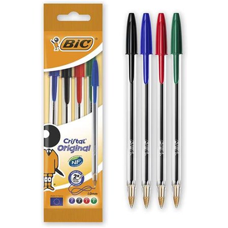 Bic Cristal Pacote Original de 4 Canetas Esferográficas - Ponta Redonda de 1,0mm - Curso de 0,4mm - Tinta à Base de Óleo - Cores