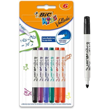 Bic Kids Mini Velleda Pacote de 6 marcadores de quadro branco - Ponta bloqueada - Tinta à base de álcool - Apagamento ideal - Co