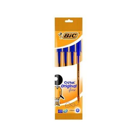 Bic Cristal Original Fine Pacote de 4 Canetas Esferográficas - Ponta Redonda 0,8mm - Linha 0,3mm - Tinta à Base de Óleo - Cor Az