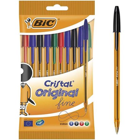 Pacote fino original Bic Cristal com 10 canetas esferográficas - ponta redonda de 0,8 mm - traço de 0,30 mm - tinta à base de ól