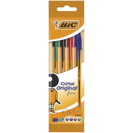 Pacote fino original Bic Cristal de 4 canetas Rollerball - ponta redonda de 0,8 mm - linha de 0,30 mm - tinta à base de óleo - t