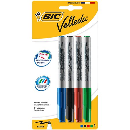 Bic Velleda 1741 Pacote de 4 marcadores de quadro branco - ponta média - linha 1,4 mm - apagamento ideal - cores sortidas