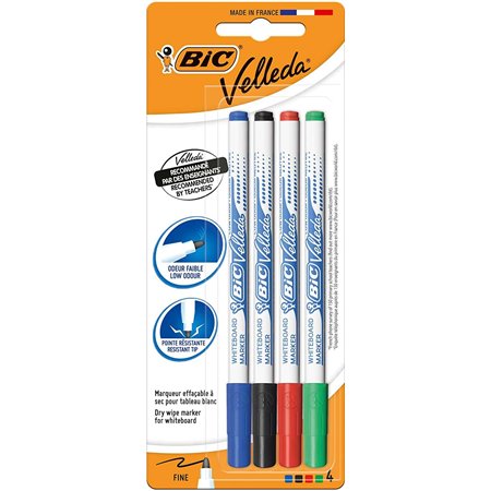 Bic Velleda 1721 Pacote de 4 marcadores de quadro branco - Ponta fina - Linha 1,6 mm - Apagamento ideal - Cores sortidas